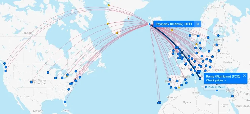 mappa voli da per Reykjavik