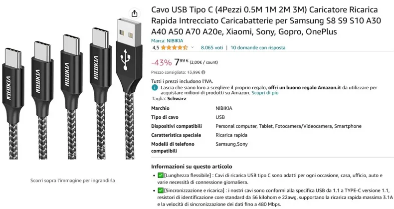 Nibikia set 4 cavi usb C in Nylon intrecciato