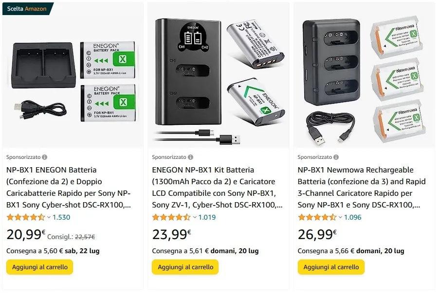 opzioni batterie e caricatore Enegon Sony NP-BX1