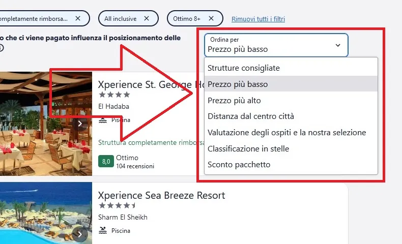 ordina risultati offerte Expedia pacchetti volo+hotel